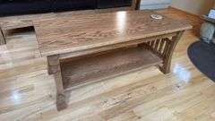 Mission Style Oak Coffee Table with Lower Shelf, Brown Finish