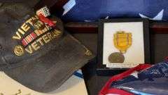WWII American Defense Medal, Vietnam Veteran Cap, Flag in Display Case