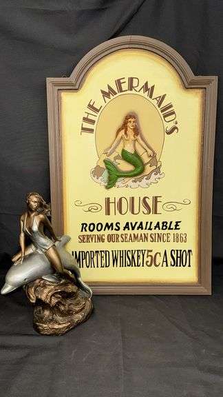 Mermaid & Dolphin Sculpture with "The Mermaid's House" Sign