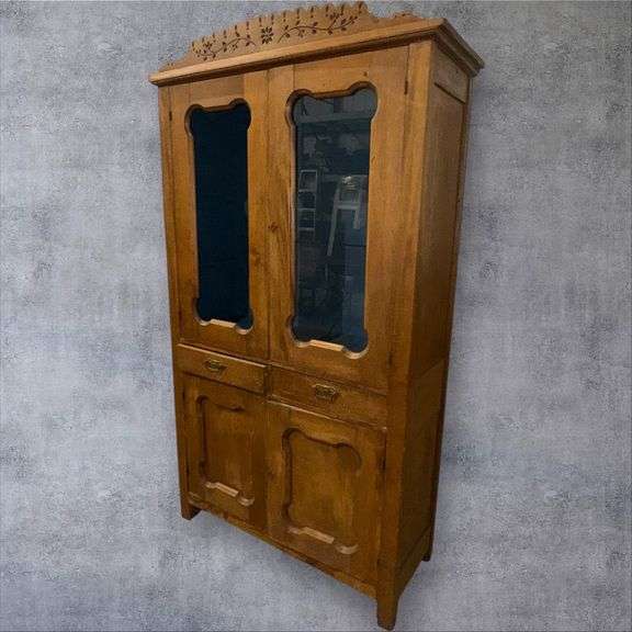 Antique Wooden Cabinet with Glass Panel Doors, 79x42x16 inches