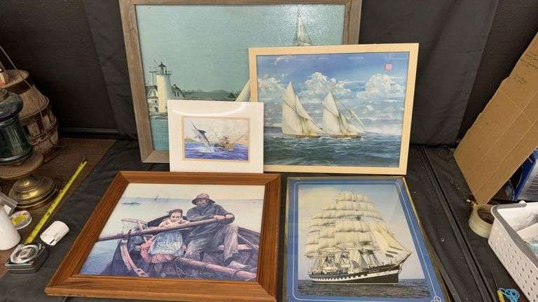 Framed Nautical Art Prints, 5 Pieces, Various Sizes, Wooden Frames