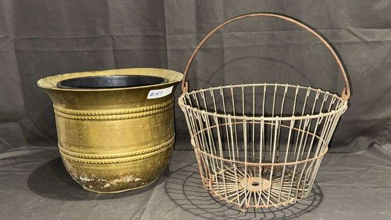 Antique Brass Planter with Wire Potato Basket, Decorative Etching