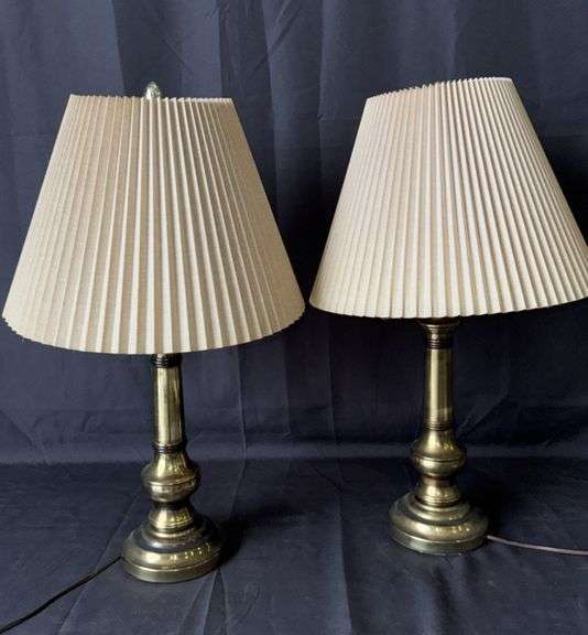 Pair of 26" Brass Table Lamps with Beige Fabric Shades