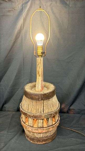 Rustic Barrel Lamp with Wood and Metal Design, Approx. 30" Height