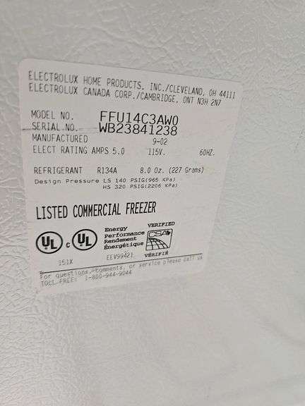 Frigidaire FFU14C3AW0 Commercial Freezer, 27x29x59, Serial WB23841238