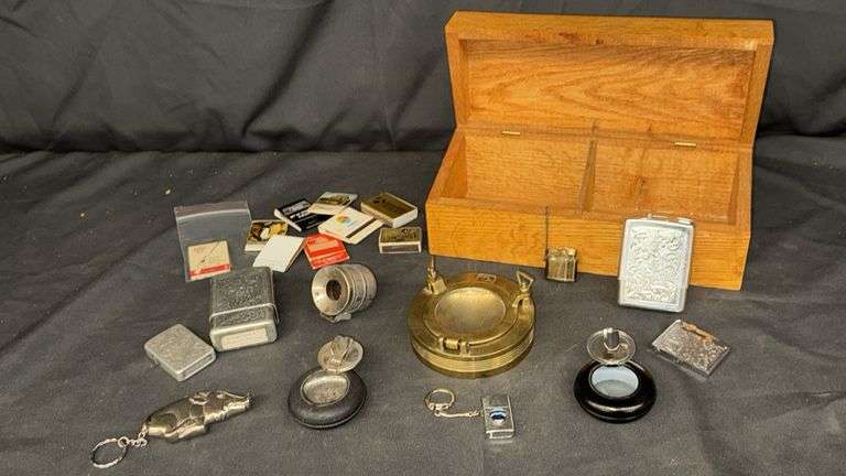 Vintage Metal Lighter, Ashtray Collection with Decorative Designs and Keychain Attachments in Wood B