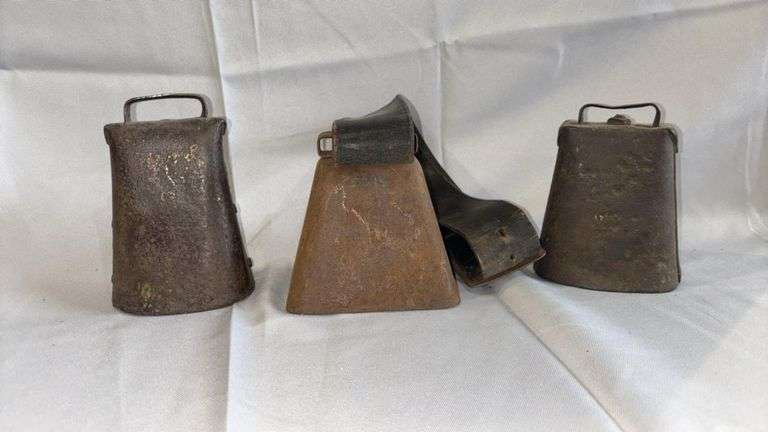 Set of Vintage Metal Cowbells with Leather Straps, Traditional Design