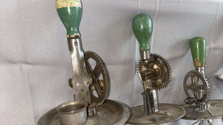 Vintage Hand-Crank Egg Beaters with Glass Measuring Cups, Wood Handles