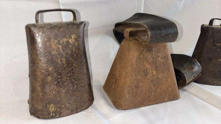 Set of Vintage Metal Cowbells with Leather Straps, Traditional Design