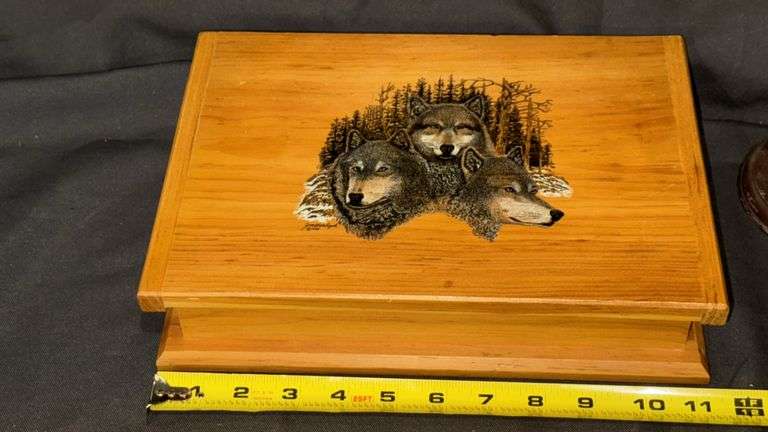 Woodland Animal Figurines and Decorative Wood Box with Wolf Design