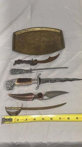 Decorative Dagger Style Letter Openers Set with Brass Tray