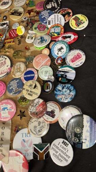 Collection of 60+ Vintage Pinback Buttons and Badges, Various Themes