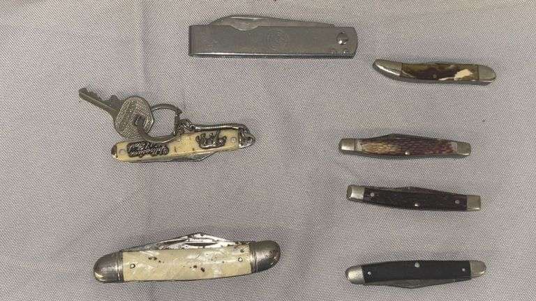Collection of Pocket Knives with Various Handle Materials and Keychain Feature