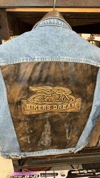Biker Denim and Leather Vest, Size L, "BIKERS DREAM" Embroidery, Made in USA