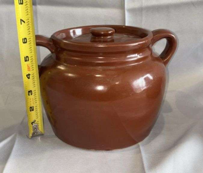 Vintage Brown Ceramic Bean Pot with Lid, Made in USA