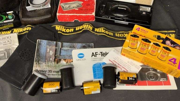 Comprehensive Camera Bag and Film Package, Nikon Strap, Olympus Camera, Opera Glasses