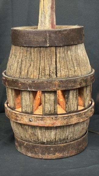 Rustic Barrel Lamp with Wood and Metal Design, Approx. 30" Height