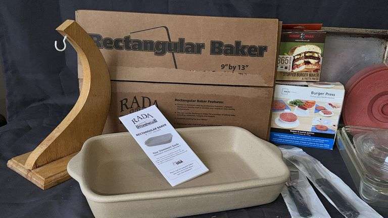 Rada Stoneware Rectangular Baker, Nordic Ware Burger Maker, Tortilla Press