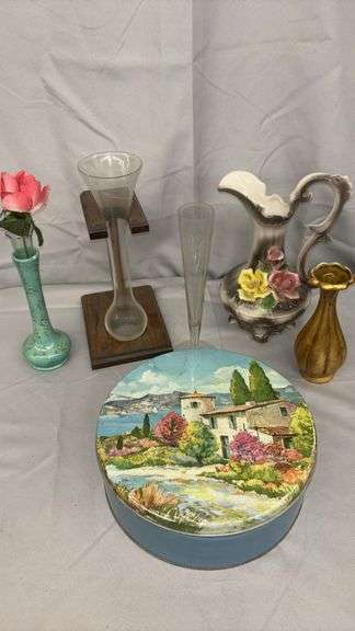 Vintage Decorative Vases and Pitcher Set, Ceramic and Glass, Floral Theme and many Milkglass vases