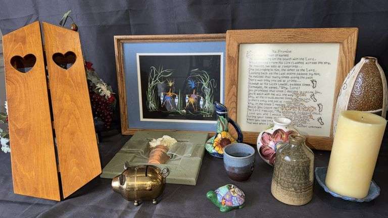 Decorative Wooden Shelf and Assorted Decorations