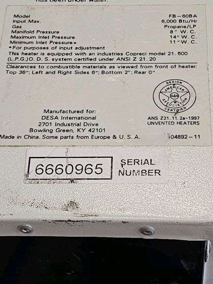 Glo-Warm FB-60B Propane Gas Heater, 6,000 BTU/HR, Serial 6660965