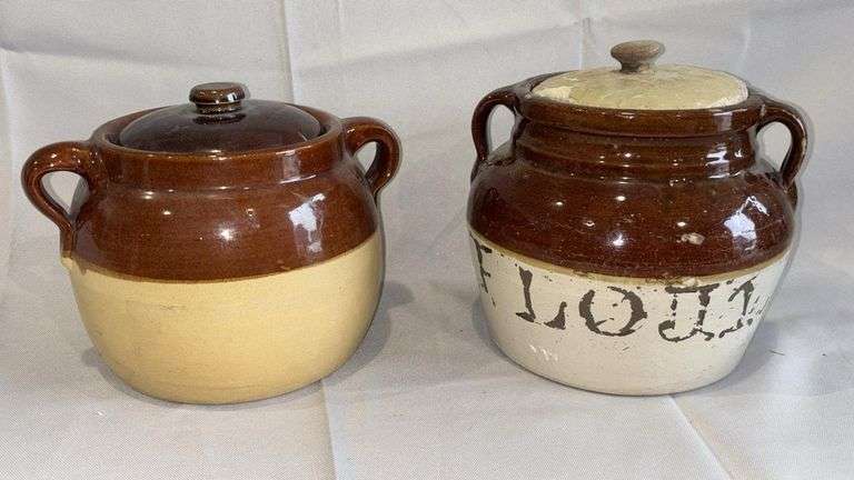 Vintage Brown and Beige Stoneware Pots, Labeled Flour