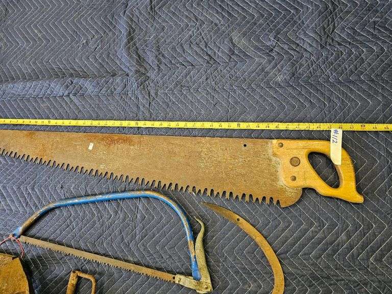Vintage Crosscut Saw, Bow Saw, Sickle, and Broad Axe Heads