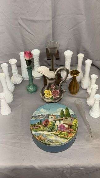 Vintage Decorative Vases and Pitcher Set, Ceramic and Glass, Floral Theme and many Milkglass vases