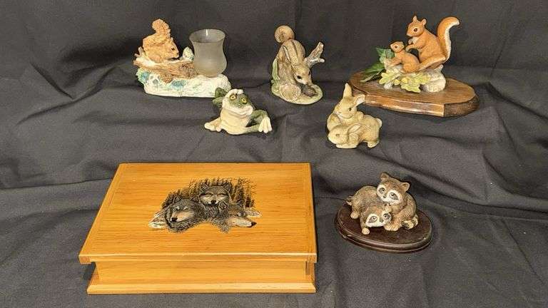Woodland Animal Figurines and Decorative Wood Box with Wolf Design