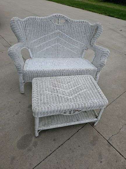 Outdoor Wicker Loveseat and Table Set, White, 53" Loveseat, 29" Table