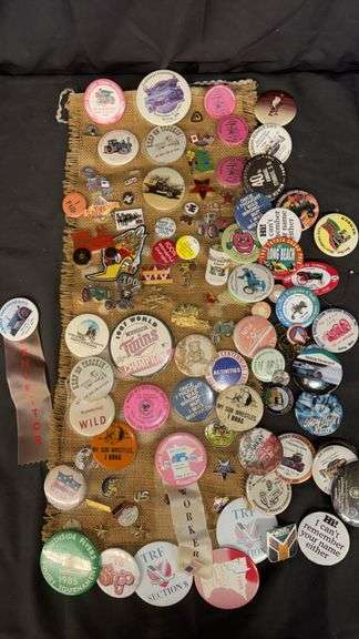 Collection of 60+ Vintage Pinback Buttons and Badges, Various Themes