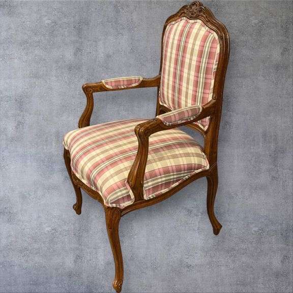 French Provincial Armchair, Wood Frame, Plaid Fabric Upholstery