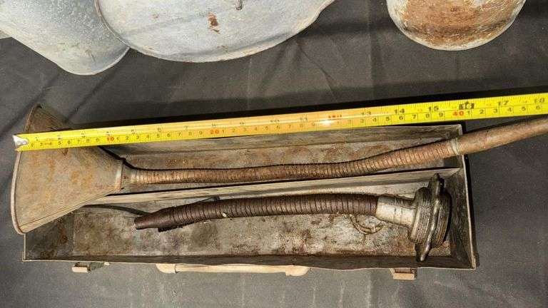 Vintage Oil Cans and Funnel Set, Galvanized Metal, Rusty