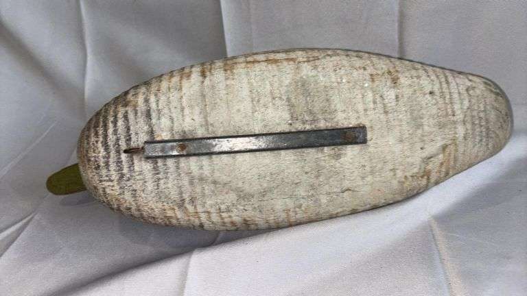 Vintage Hand-Carved Wooden Duck Decoy with Metal Keel