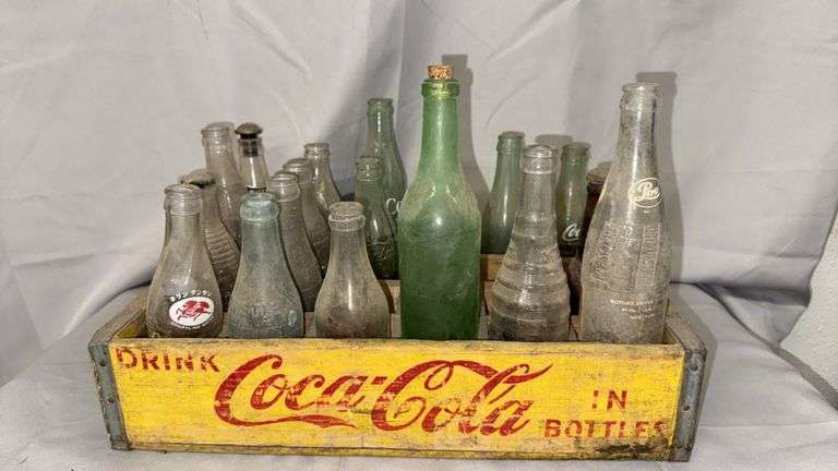 Vintage Coca-Cola Wooden Crate with Assorted Glass Bottles, 1950s-1960s