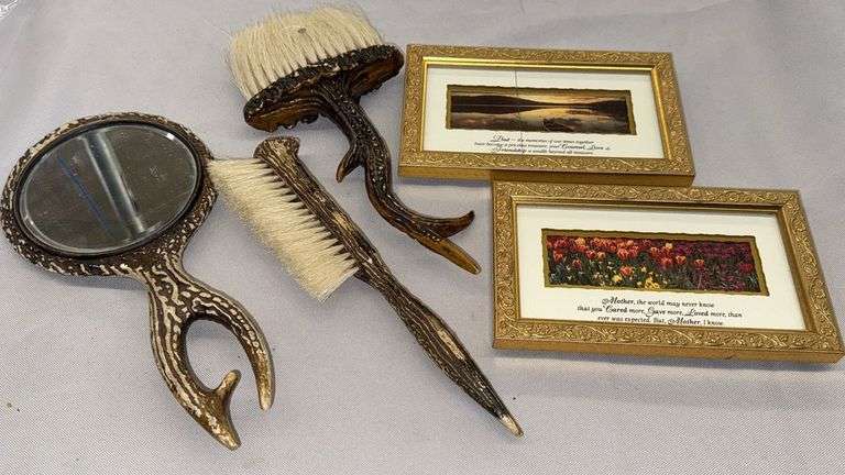 Antler Grooming Set with Mirror, Brushes, and Framed Art
