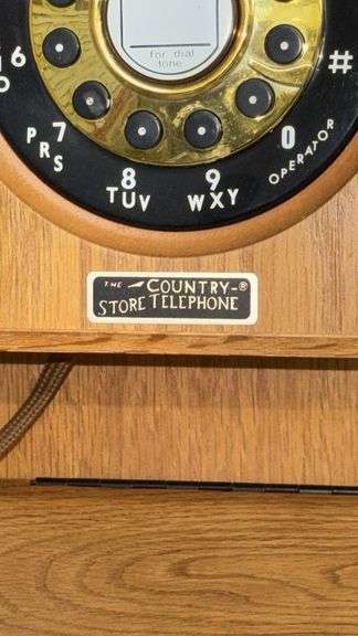 The Country Store Telephone Rotary Wall Phone, Wood & Brass, Mid-20th Century