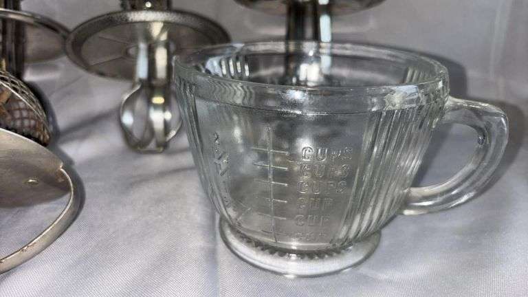 Vintage Hand-Crank Egg Beaters with Glass Measuring Cups, Wood Handles