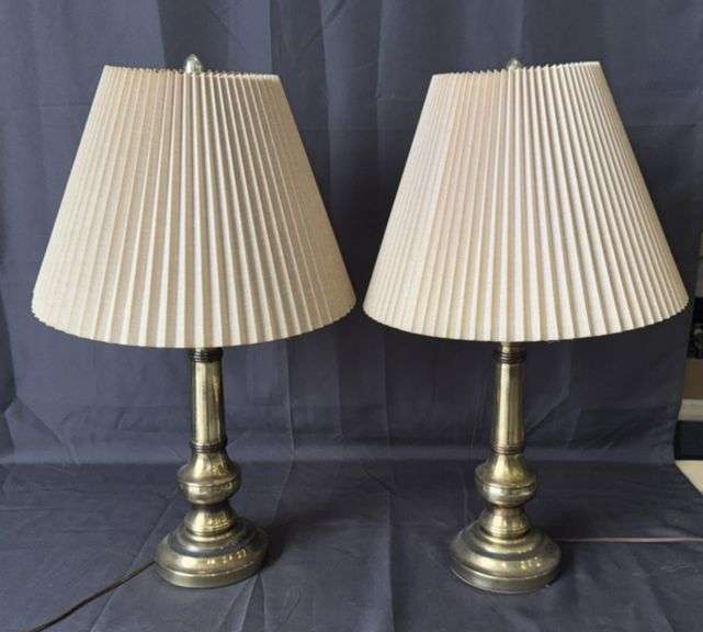 Pair of 26" Brass Table Lamps with Beige Fabric Shades