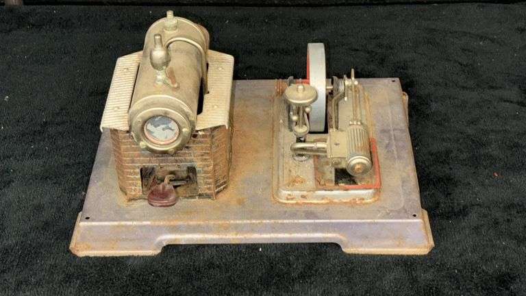 Vintage Model Steam Engine with Red Flywheel and Boiler