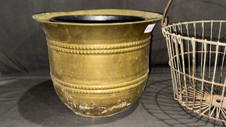 Antique Brass Planter with Wire Potato Basket, Decorative Etching