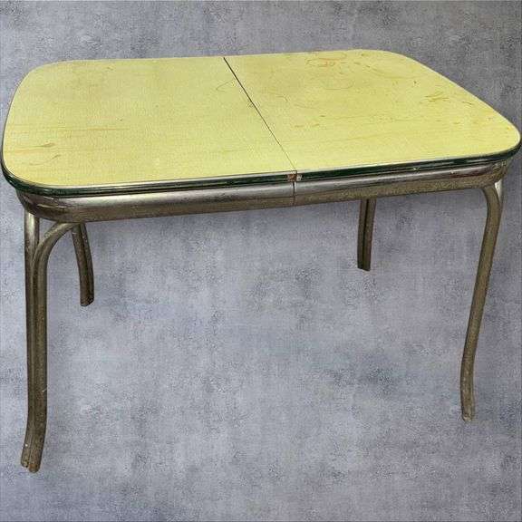 Vintage 1950s Kitchen Table, Yellow Laminate Top, Metal Legs, includes one leaf
