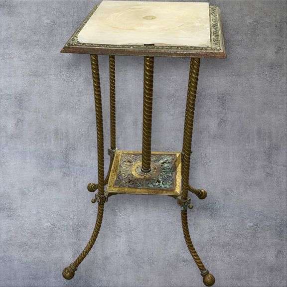 Ornate Brass Plant Stand with Stone or Marble Top, 15x15x30 Inches