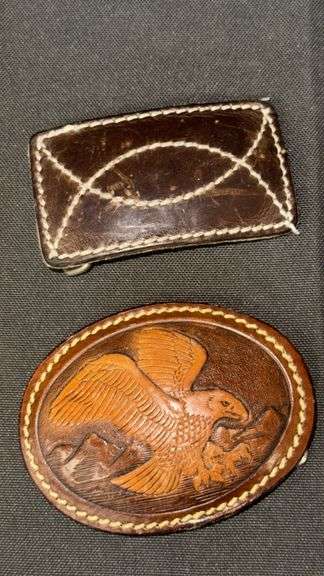 Tony Lama and other Leather Belt Buckle Collection, Hand-Tooled Designs