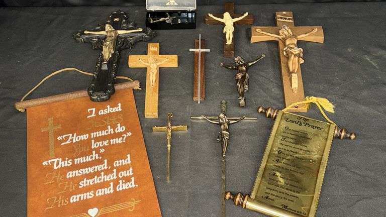 Religious Wall DÃ©cor Collection with Crucifixes and Scrolls