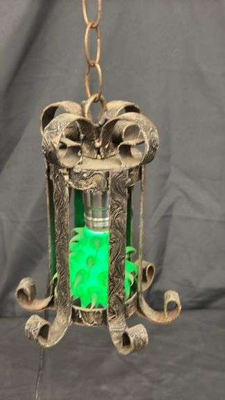 Vintage Hanging Lantern with Green Light, Rustic Metal Finish