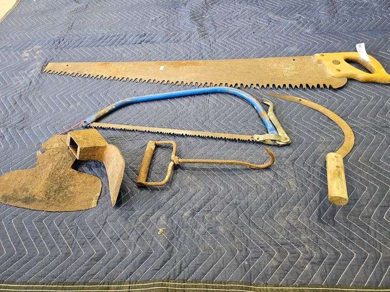 Vintage Crosscut Saw, Bow Saw, Sickle, and Broad Axe Heads