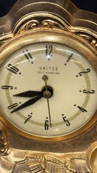 Vintage United Horse Lamp with Clock, Brass and Wood, 17" x 6" x 16"