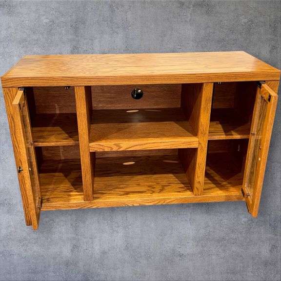 Oak Finish Media Console Cabinet, Glass Panel Doors, 43"x16"x27"