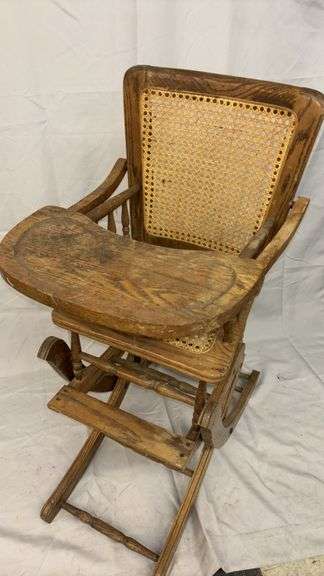 Antique Wooden High Chair, Adjustable 34" to 24", Rocking Base